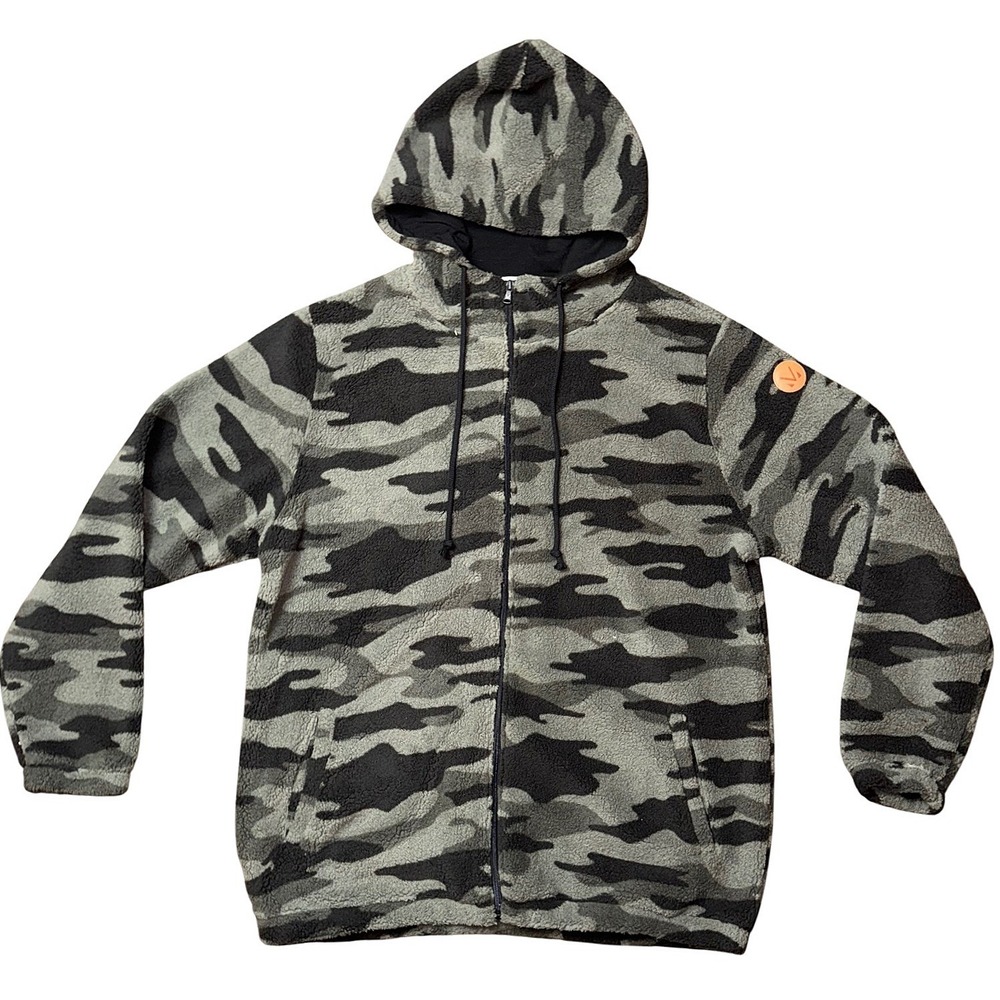 Michelle Mae Mens 2XL Camo Sherpa Hoodie Full Zip Fleece Jacket Green Grey New